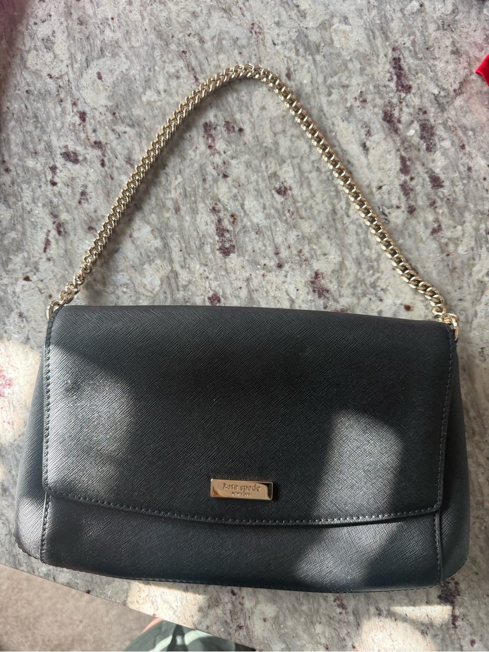 kate spade Black Saffiano Leather Shoulder Bag with Gold Chain